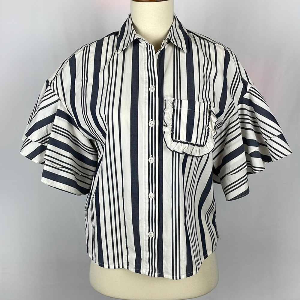 Adorable Striped Crop Top with Ruffled Bell Sleeves and Chest Pocket - Size XS